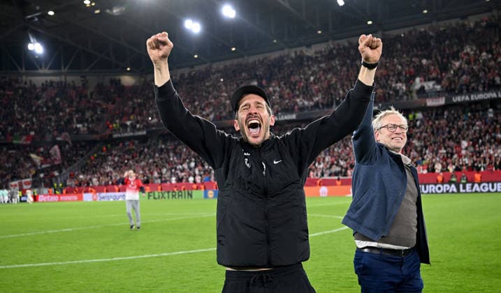 FOOTBALL EUROPA LEAGUE SEASON 2025 2026 semi-final second leg 07 05 2026 SC Freiburg SC Braga cheering SC Freiburg after the victory and entry into the final, coach Julian Schuster
