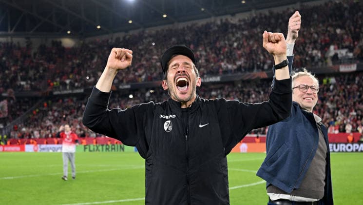 FOOTBALL EUROPA LEAGUE SEASON 2025 2026 semi-final second leg 07 05 2026 SC Freiburg SC Braga cheering SC Freiburg after the victory and entry into the final, coach Julian Schuster