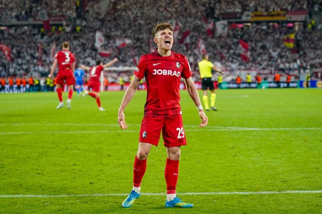 Germany Soccer Europa League 2025 2026, semi-final SC Freiburg vs Sporting Braga Europa Park Stadion Freiburg Philipp Treu SC Freiburg, 29 joy, emotions, cheering, facial expression, facial expression, emotion, gesture, gesticulation, emotion, final, victory Copyright: xJOERANxSTEINSIEKx
