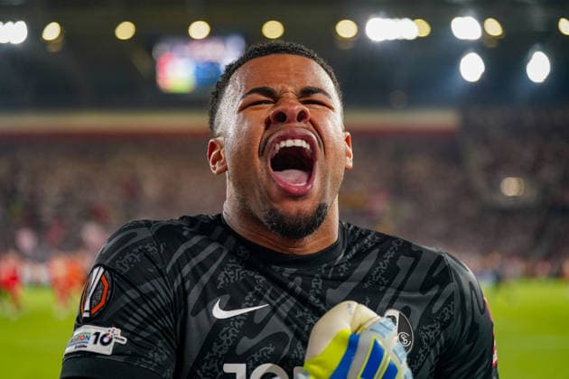 Germany Soccer Europa League 2025 2026, semi-final SC Freiburg vs Sporting Braga Europa Park Stadion Freiburg Noah Atubolu SC Freiburg, 01 joy, emotions, cheering, facial expression, facial expression, emotion, gesture, gesticulation, emotion, final, victory Copyright: xJOERANxSTEINSIEKx