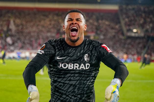 Germany Soccer Europa League 2025 2026, semi-final SC Freiburg vs Sporting Braga Europa Park Stadion Freiburg Noah Atubolu SC Freiburg, 01 joy, emotions, cheering, facial expression, facial expression, emotion, gesture, gesticulation, emotion, final, victory Copyright: xJOERANxSTEINSIEKx