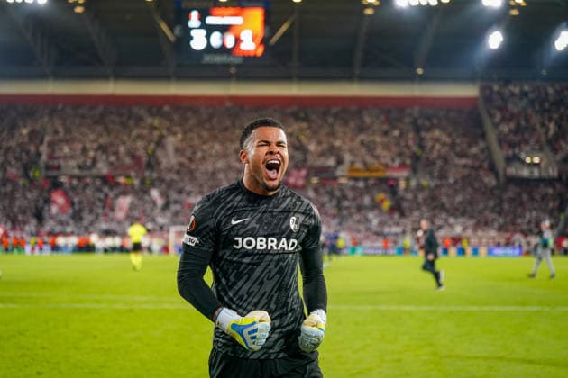 Germany Soccer Europa League 2025 2026, semi-final SC Freiburg vs Sporting Braga Europa Park Stadion Freiburg Noah Atubolu SC Freiburg, 01 joy, emotions, cheering, facial expression, facial expression, emotion, gesture, gesticulation, emotion, final, victory Copyright: xJOERANxSTEINSIEKx