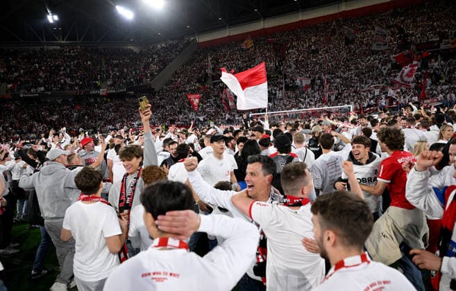 FOOTBALL EUROPE LEAGUE SEASON 2025 2026 Semi-final second leg 07 05 2026 SC Freiburg SC Braga Cheering SC Freiburg after winning and reaching the final, cheering with the fans after storming the pitch