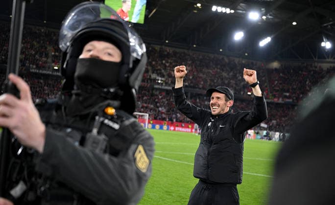 FOOTBALL EUROPE LEAGUE SEASON 2025 2026 Semi-final second leg 07 05 2026 SC Freiburg SC Braga Cheering SC Freiburg after winning and reaching the final, coach Julian Schuster SC Freiburg