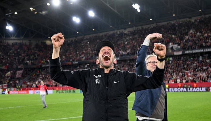 FOOTBALL EUROPE LEAGUE SEASON 2025 2026 Semi-final second leg 07 05 2026 SC Freiburg SC Braga Cheering SC Freiburg after winning and reaching the final, coach Julian Schuster SC Freiburg