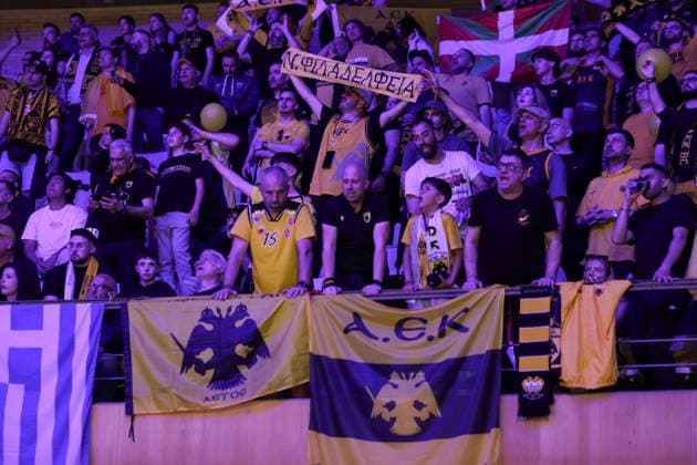 May 7, 2026, Badalona, Barcelona, Spain: Supporters of AEK BC during the Final Four Basketball Champions League Semi Finals basketball match played between AEK BC and Unicaja at Palau Olimpic Badalona on May 07, 2026 in Badalona, Barcelona, Spain. Badalona Spain - ZUMAa181 20260507_zaa_a181_156 Copyright: xJavierxBorregox