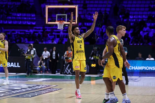 May 7, 2026, Badalona, Barcelona, Spain: Greg Brown III of AEK BC celebrates the victory during the Final Four Basketball Champions League Semi Finals basketball match played between AEK BC and Unicaja at Palau Olimpic Badalona on May 07, 2026 in Badalona, Barcelona, Spain. Badalona Spain - ZUMAa181 20260507_zaa_a181_159 Copyright: xJavierxBorregox