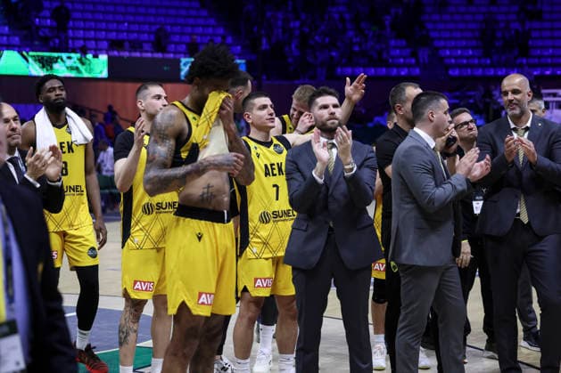 May 7, 2026, Badalona, Barcelona, Spain: Players of AEK BC celebrates the victory during the Final Four Basketball Champions League Semi Finals basketball match played between AEK BC and Unicaja at Palau Olimpic Badalona on May 07, 2026 in Badalona, Barcelona, Spain. Badalona Spain - ZUMAa181 20260507_zaa_a181_160 Copyright: xJavierxBorregox