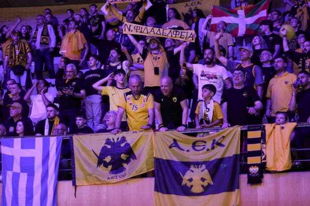 May 7, 2026, Badalona, Barcelona, Spain: Supporters of AEK BC during the Final Four Basketball Champions League Semi Finals basketball match played between AEK BC and Unicaja at Palau Olimpic Badalona on May 07, 2026 in Badalona, Barcelona, Spain. Badalona Spain - ZUMAa181 20260507_zaa_a181_170 Copyright: xJavierxBorregox