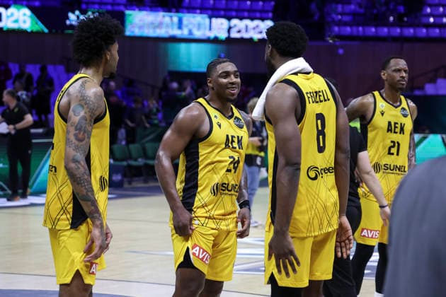 May 7, 2026, Badalona, Barcelona, Spain: Frank Bartley, Greg Brown III and Keyshawn Feazell of AEK BC celebrates the victory during the Final Four Basketball Champions League Semi Finals basketball match played between AEK BC and Unicaja at Palau Olimpic Badalona on May 07, 2026 in Badalona, Barcelona, Spain. Badalona Spain - ZUMAa181 20260507_zaa_a181_174 Copyright: xJavierxBorregox