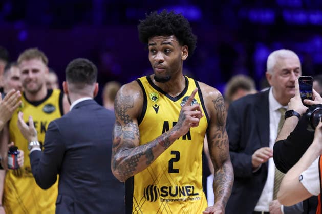 May 7, 2026, Badalona, Barcelona, Spain: Greg Brown III of AEK BC celebrates the victory during the Final Four Basketball Champions League Semi Finals basketball match played between AEK BC and Unicaja at Palau Olimpic Badalona on May 07, 2026 in Badalona, Barcelona, Spain. Badalona Spain - ZUMAa181 20260507_zaa_a181_176 Copyright: xJavierxBorregox