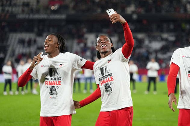Johan Manzambi SC Freiburg and Cyriaque Irie SC Freiburg celebrate during Freiburg and Braga, UEFA Europa League Semi final, Europa Park Stadion, Freiburg, Germany on May 7, 2026 Thor Wegner DeFodi Images Photo by DeFodi Images