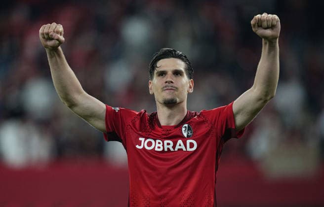 Igor Matanovic SC Freiburg celebrate during Freiburg and Braga, UEFA Europa League Semi final, Europa Park Stadion, Freiburg, Germany on May 7, 2026 Thor Wegner DeFodi Images Photo by DeFodi Images