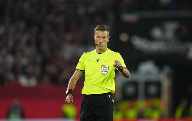 Davide Massa Italy looks on during Freiburg and Braga, UEFA Europa League Semi final, Europa Park Stadion, Freiburg, Germany on May 7, 2026 Thor Wegner DeFodi Images Photo by DeFodi Images