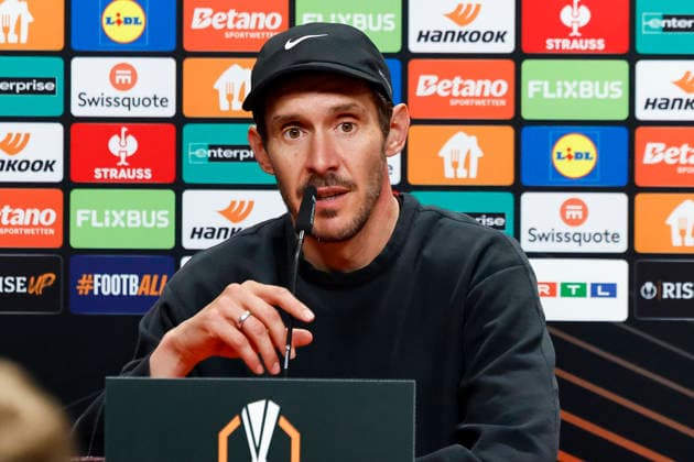 Julian Schuster SC Freiburg, Coach at the press conference , Germany, Football, UEFA Europa League, Semi-final, 2025 2026, SC Freiburg vs Sporting Braga, 08 05 2026, Freiburg im Breisgau Europa Park Stadium Germany Copyright: xGrantxHubbsx