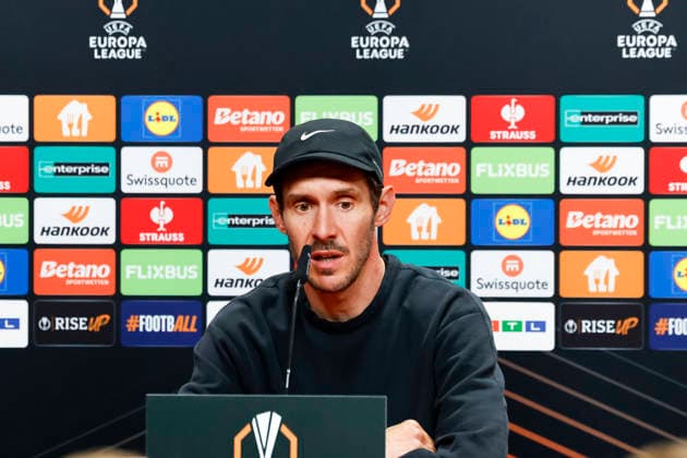 Julian Schuster SC Freiburg, Coach at the press conference , Germany, Football, UEFA Europa League, Semi-final, 2025 2026, SC Freiburg vs Sporting Braga, 08 05 2026, Freiburg im Breisgau Europa Park Stadium Germany Copyright: xGrantxHubbsx