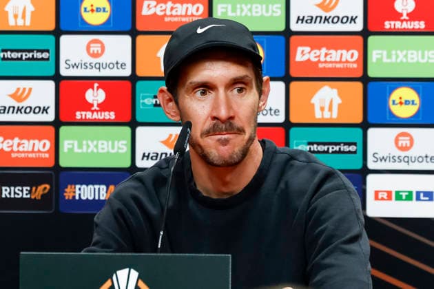 Julian Schuster SC Freiburg, Coach at the press conference , Germany, Football, UEFA Europa League, Semi-final, 2025 2026, SC Freiburg vs Sporting Braga, 08 05 2026, Freiburg im Breisgau Europa Park Stadium Germany Copyright: xGrantxHubbsx