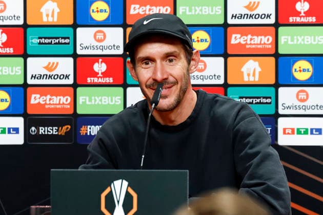 Julian Schuster SC Freiburg, Coach at the press conference , Germany, Football, UEFA Europa League, Semi-final, 2025 2026, SC Freiburg vs Sporting Braga, 08 05 2026, Freiburg im Breisgau Europa Park Stadium Germany Copyright: xGrantxHubbsx