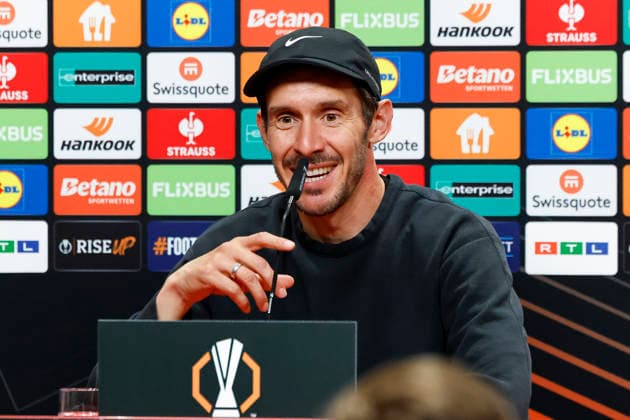 Julian Schuster SC Freiburg, Coach at the press conference , Germany, Football, UEFA Europa League, Semi-final, 2025 2026, SC Freiburg vs Sporting Braga, 08 05 2026, Freiburg im Breisgau Europa Park Stadium Germany Copyright: xGrantxHubbsx
