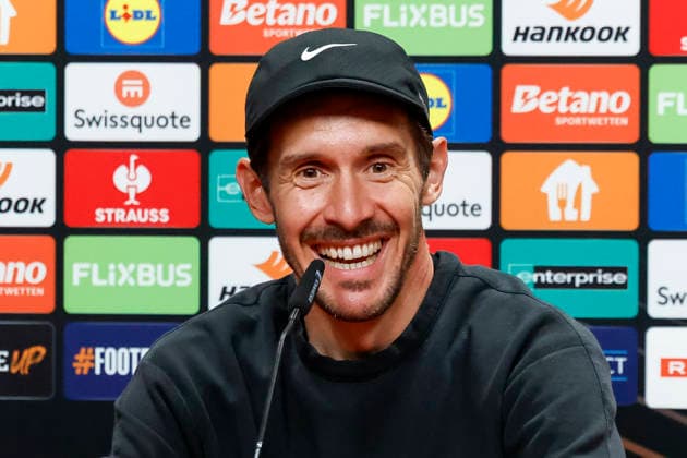 Julian Schuster SC Freiburg, Coach at the press conference , Germany, Football, UEFA Europa League, Semi-final, 2025 2026, SC Freiburg vs Sporting Braga, 08 05 2026, Freiburg im Breisgau Europa Park Stadium Germany Copyright: xGrantxHubbsx