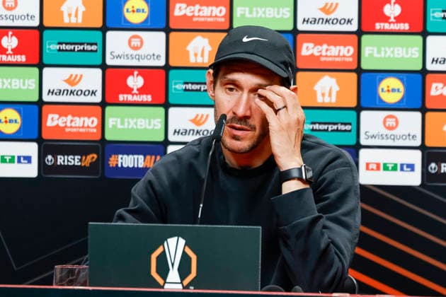 Julian Schuster SC Freiburg, Coach at the press conference , Germany, Football, UEFA Europa League, Semi-final, 2025 2026, SC Freiburg vs Sporting Braga, 08 05 2026, Freiburg im Breisgau Europa Park Stadium Germany Copyright: xGrantxHubbsx