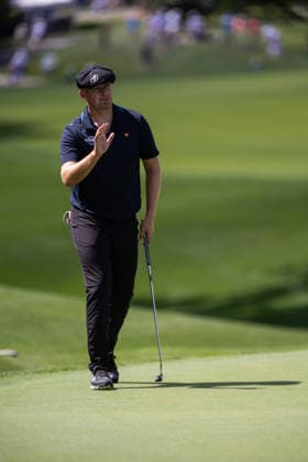 May 7, 2026: Harry Hall waves to fans after a birdie putt on the eighth hole during the first round of the 2026 Truist Championship at Quail Hollow Club in Charlotte, NC. ( CSM) Charlotte United States - ZUMAc04_ 20260507_zma_c04_033 Copyright: xScottxKinserx