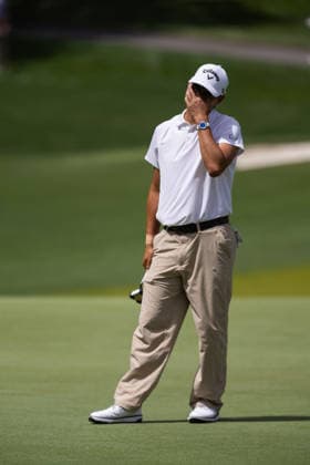 May 7, 2026: Min Woo Lee reacts on the eighth hole after a missed putt during the first round of the 2026 Truist Championship at Quail Hollow Club in Charlotte, NC. ( CSM) Charlotte United States - ZUMAc04_ 20260507_zma_c04_038 Copyright: xScottxKinserx
