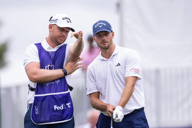 May 7, 2026: Nicolai Hojgaard talks with his caddy before teeing off on the first hole during the first round of the 2026 Truist Championship at Quail Hollow Club in Charlotte, NC. ( CSM) Charlotte United States - ZUMAc04_ 20260507_zma_c04_053 Copyright: xScottxKinserx