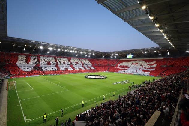 07 05 26 SC Freiburg SC Braga Germany, Freiburg, 07 05 2026, football, Europa League, season 2025 2026, semi-final, SC Freiburg SC Braga SC Freiburg fans choreography