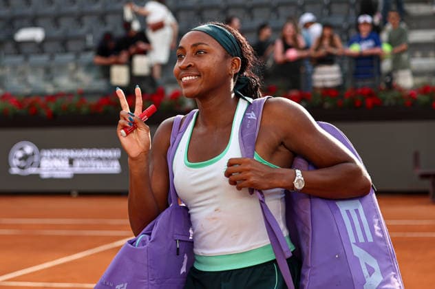 (260508) -- ROME, May 8, 2026 -- Coco Gauff of the United States celebrates after winning the women s singles second round match against Tereza Valentova of the Czech Republic at the WTA, Tennis Damen Italian Open in Rome, Italy, May 7, 2026. ) (SP)ITALY-ROME-TENNIS-WTA-ITALIAN OPEN-WOMEN S SINGLES WangxKaiyan 