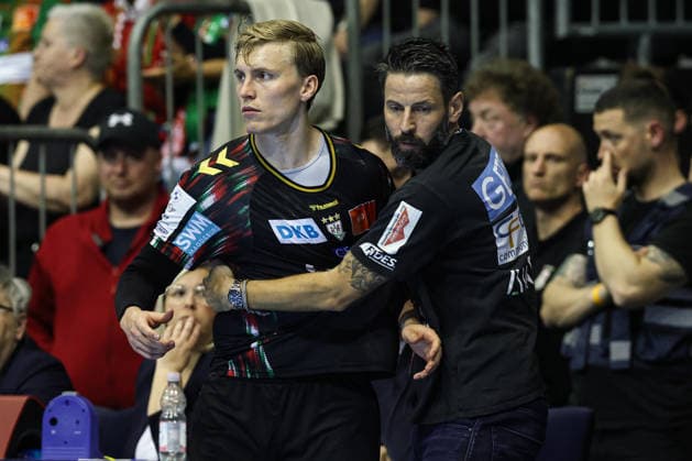 Coach Bennet Wiegert with Gisli Kristjansson SC Magdeburg,10 Quarterfinals Handball Machineseeker Champions League Season 2025 2026 SC Magdeburg vs SC Pick Szeged at the GETEC Arena in Magdeburg Handball,Germany,07 05 2026