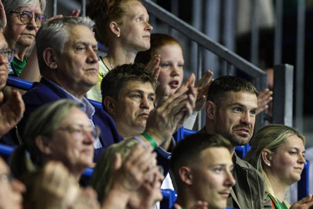 f r Boxer Roman Fress, Coach Dirk Dzemski, Promoter Ulf Steinforth Quarterfinals Handball Machineseeker Champions League Season 2025 2026 SC Magdeburg vs SC Pick Szeged at the GETEC Arena in Magdeburg Handball,Germany,07 05 2026