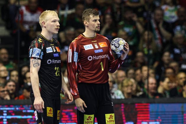 Goalkeeper Sergey Hernandez Ferrer SC Magdeburg,1 and Magnus Saugstrup SC Magdeburg,23 Quarterfinals Handball Machineseeker Champions League Season 2025 2026 SC Magdeburg vs SC Pick Szeged at the GETEC Arena in Magdeburg Action,Handball,Germany,07 05 2026
