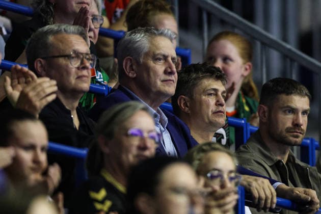 f r Boxer Roman Fress, Coach Dirk Dzemski, Promoter Ulf Steinforth Quarterfinals Handball Machineseeker Champions League Season 2025 2026 SC Magdeburg vs SC Pick Szeged at the GETEC Arena in Magdeburg Handball,Germany,07 05 2026