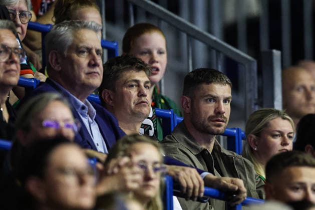 f r Boxer Roman Fress, Coach Dirk Dzemski, Promoter Ulf Steinforth Quarterfinals Handball Machineseeker Champions League Season 2025 2026 SC Magdeburg vs SC Pick Szeged at the GETEC Arena in Magdeburg Handball,Germany,07 05 2026