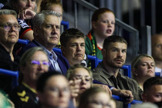 f r Boxer Roman Fress, Coach Dirk Dzemski, Promoter Ulf Steinforth Quarterfinals Handball Machineseeker Champions League Season 2025 2026 SC Magdeburg vs SC Pick Szeged at the GETEC Arena in Magdeburg Handball,Germany,07 05 2026