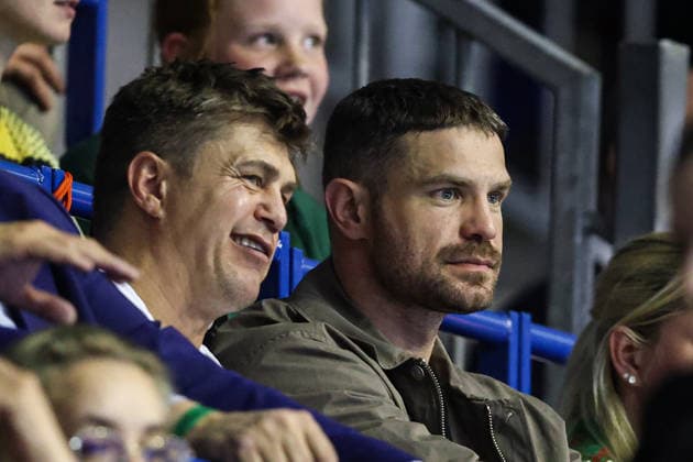 Boxer Roman Fress and coach Dirk Dzemski quarter-final handball Machineseeker Champions League season 2025 2026 SC Magdeburg vs SC Pick Szeged at the GETEC Arena in Magdeburg Handball,Germany,07 05 2026