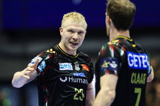 Magnus Saugstrup SC Magdeburg,23 and Felix Claar SC Magdeburg,7 Quarterfinals Handball Machineseeker Champions League Season 2025 2026 SC Magdeburg vs SC Pick Szeged at the GETEC Arena in Magdeburg Action,Handball,Germany,07 05 2026
