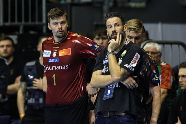 Coach Bennet Wiegert and goalkeeper Sergey Hernandez Ferrer SC Magdeburg,1 Quarterfinals Handball Machineseeker Champions League Season 2025 2026 SC Magdeburg vs SC Pick Szeged at the GETEC Arena in Magdeburg Handball,Germany,07 05 2026