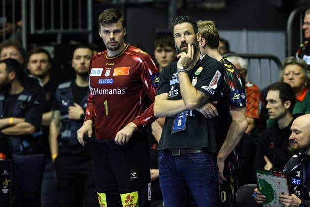 Coach Bennet Wiegert and goalkeeper Sergey Hernandez Ferrer SC Magdeburg,1 Quarterfinals Handball Machineseeker Champions League Season 2025 2026 SC Magdeburg vs SC Pick Szeged at the GETEC Arena in Magdeburg Handball,Germany,07 05 2026