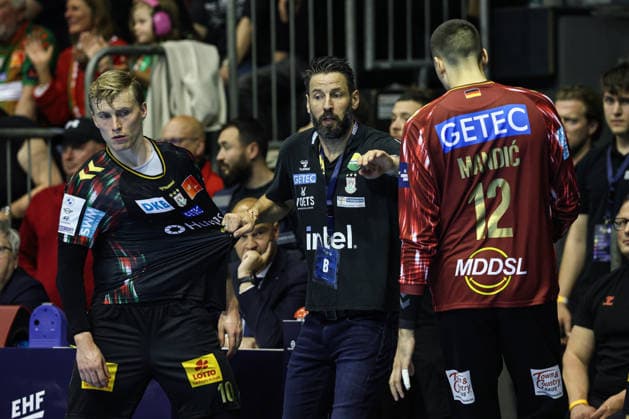 Coach Bennet Wiegert with Gisli Kristjansson SC Magdeburg,10 and goalkeeper Matej Mandic SC Magdeburg,12 Quarterfinals Handball Machineseeker Champions League Season 2025 2026 SC Magdeburg vs SC Pick Szeged at the GETEC Arena in Magdeburg Handball,Germany,07 05 2026