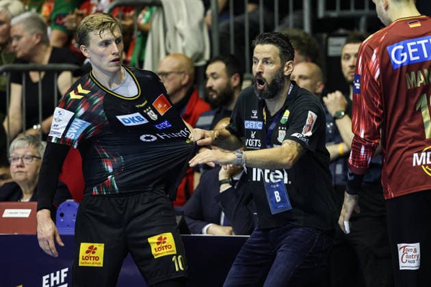 Coach Bennet Wiegert with Gisli Kristjansson SC Magdeburg,10 Quarterfinals Handball Machineseeker Champions League Season 2025 2026 SC Magdeburg vs SC Pick Szeged at the GETEC Arena in Magdeburg Handball,Germany,07 05 2026