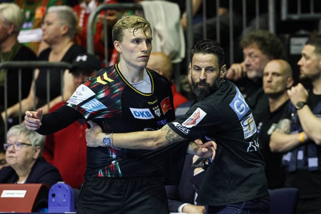 Coach Bennet Wiegert with Gisli Kristjansson SC Magdeburg,10 Quarterfinals Handball Machineseeker Champions League Season 2025 2026 SC Magdeburg vs SC Pick Szeged at the GETEC Arena in Magdeburg Handball,Germany,07 05 2026
