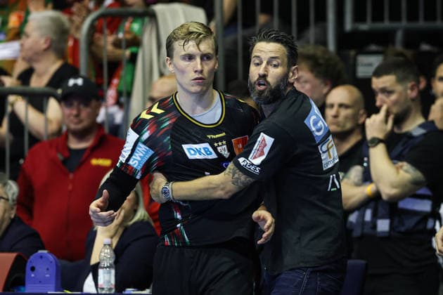 Coach Bennet Wiegert with Gisli Kristjansson SC Magdeburg,10 Quarterfinals Handball Machineseeker Champions League Season 2025 2026 SC Magdeburg vs SC Pick Szeged at the GETEC Arena in Magdeburg Handball,Germany,07 05 2026