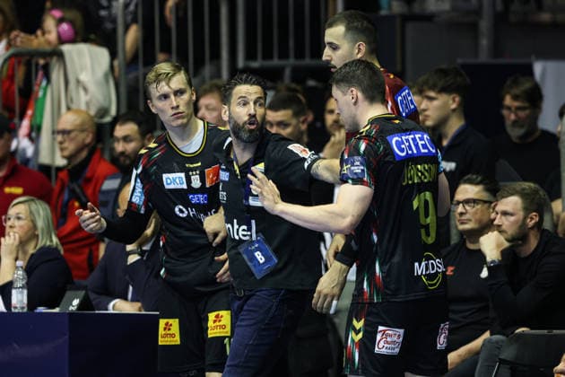 Coach Bennet Wiegert with Gisli Kristjansson SC Magdeburg,10 , Goalkeeper Matej Mandic SC Magdeburg,12 , Elvar Örn Jonsson SC Magdeburg,19 Quarterfinals Handball Machineseeker Champions League Season 2025 2026 SC Magdeburg vs SC Pick Szeged at the GETEC Arena in Magdeburg Handball,Germany,07 05 2026