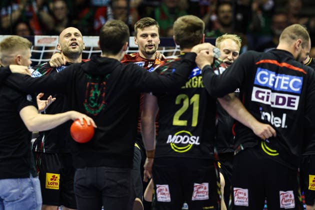 f l Oscar Bergendahl SC Magdeburg,54 , Goalkeeper Sergey Hernandez Ferrer SC Magdeburg,1 , Matthias Musche SC Magdeburg,6 Quarterfinals Handball Machineseeker Champions League Season 2025 2026 SC Magdeburg vs SC Pick Szeged at the GETEC Arena in Magdeburg Action,Handball,Germany,07 05 2026