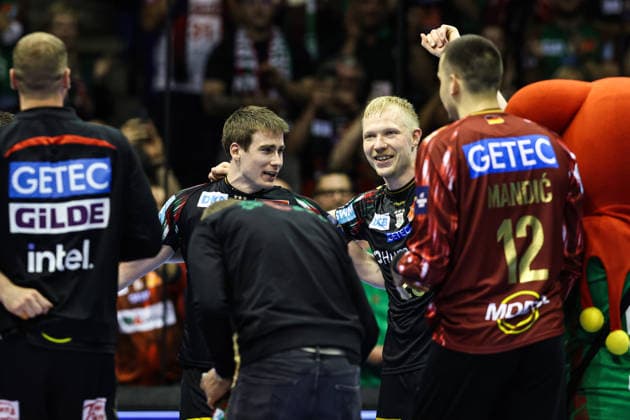 Magnus Saugstrup SC Magdeburg,23 and Manuel Zehnder SC Magdeburg,8 Quarterfinals Handball Machineseeker Champions League Season 2025 2026 SC Magdeburg vs SC Pick Szeged at the GETEC Arena in Magdeburg Action,Handball,Germany,07 05 2026