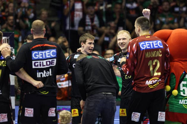 Magnus Saugstrup SC Magdeburg,23 and Manuel Zehnder SC Magdeburg,8 Quarterfinals Handball Machineseeker Champions League Season 2025 2026 SC Magdeburg vs SC Pick Szeged at the GETEC Arena in Magdeburg Action,Handball,Germany,07 05 2026