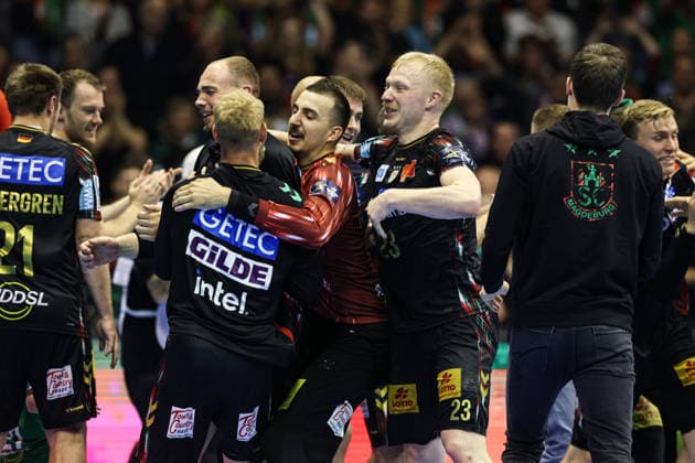 v r Magnus Saugstrup SC Magdeburg,23 , Goalkeeper Matej Mandic SC Magdeburg,12 , Matthias Musche SC Magdeburg,6 , Tim Zechel SC Magdeburg,9 Quarterfinals Handball Machineseeker Champions League Season 2025 2026 SC Magdeburg vs SC Pick Szeged at the GETEC Arena in Magdeburg Action,Handball,Germany,07 05 2026