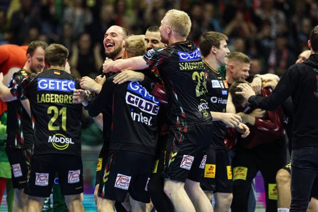 Tim Zechel SC Magdeburg,9 and Magnus Saugstrup SC Magdeburg,23 Quarterfinals Handball Machineseeker Champions League Season 2025 2026 SC Magdeburg vs SC Pick Szeged at the GETEC Arena in Magdeburg Action,Handball,Germany,07 05 2026